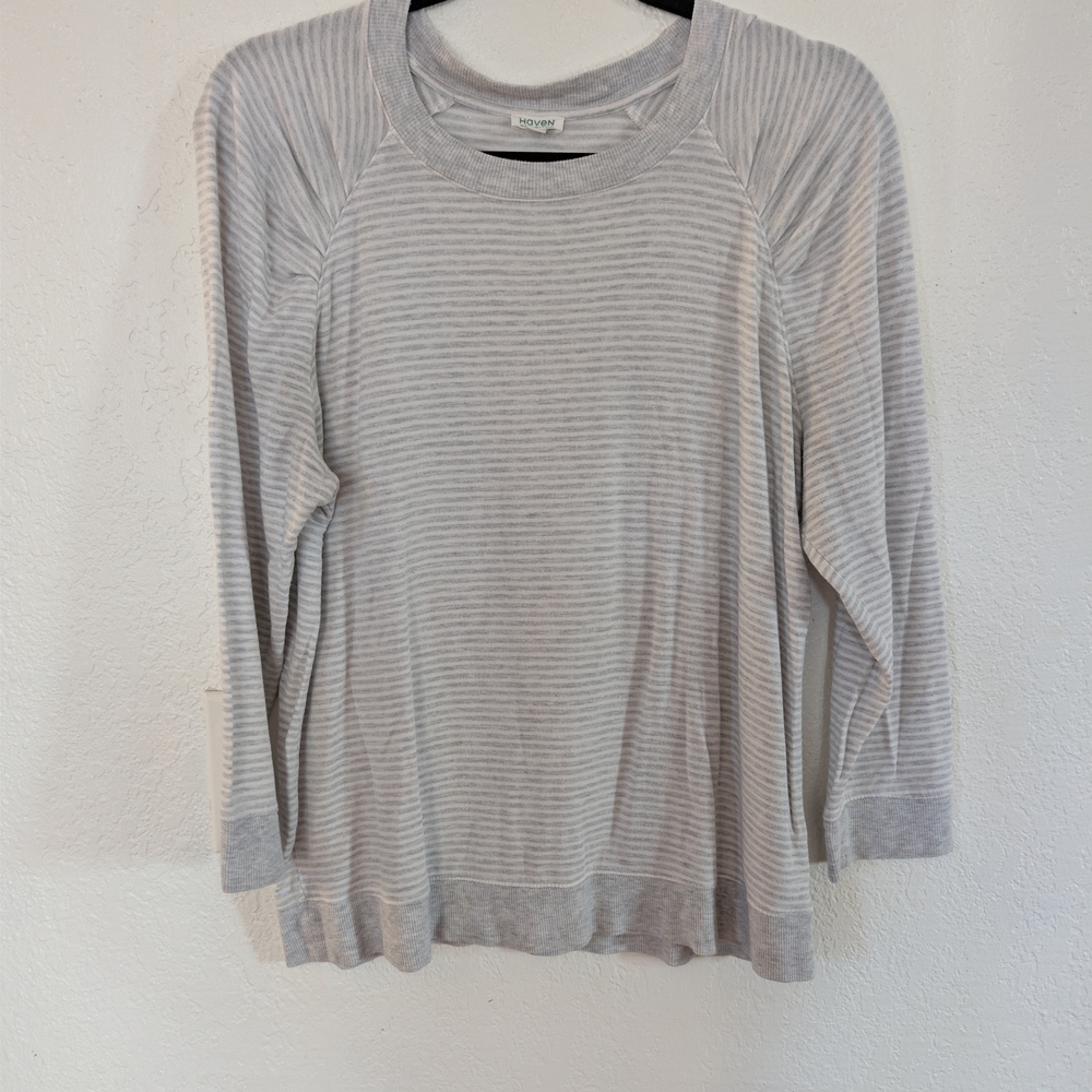 Haven Well Within Grey Stripped Ruched Lounge Pillover Sweater Cozy‎ Cottagecore